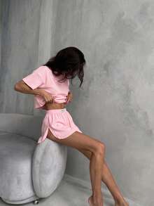 2-Pack Solid Color Mini Plaid Short-Sleeved Side Slit Wide-Leg Shorts Casual Thin Women's Pajamas Set Can Be Used At Home - 粉色 - 查看 6