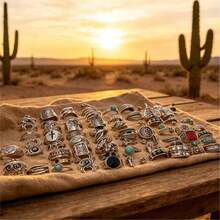 5/10/20pcs Assorted Vintage Punk Style Rings! Distressed Finish, Skull/Snake Skin/Turquoise Designs Are Super Cool, Stackable Or Wearable Individually, Random Styles Shipped - Multicolor - View 7