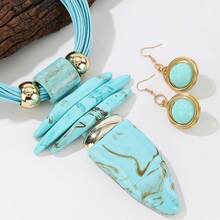 Handmade Exaggerated Multi-Layer Aluminum Wire, Synthetic Crystal, Wax Line, Resin Woven Bohemian, European And American, South Asian Style, Fashionable Retro, Glamorous Evening Party, Sea Blue, Korean Style Holiday Casual Necklace And Earrings - Blue - View 4