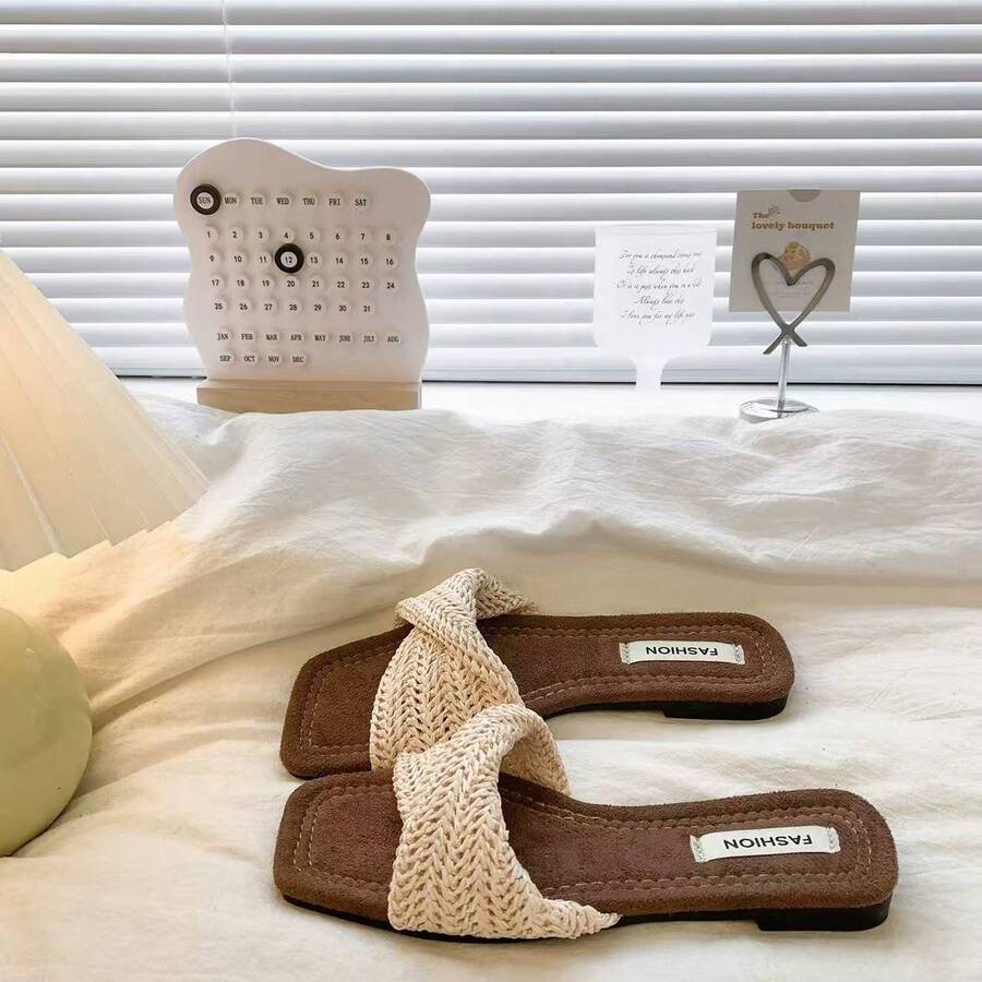 Sandal Selop Tenun Sol Tebal Ujung Persegi Bergaya Prancis untuk Wanita, Sandal Platform Wedges Chic untuk Liburan