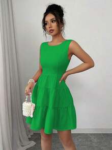Vestido de verano sencillo de unicolor y de moda para mujeres - verde menta - Ver 3