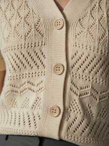 Women's Organic Cotton Short-Sleeved Openwork Knit Cardigan With Wooden Buttons - Cream - View 5