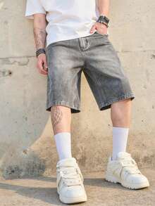 Men's Washed DenimBermuda Shorts, Casual Minimalist Versatile Non-Stretch Straight Leg Pants - Light Grey - View 4