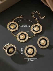 1 Set Women's Fashion Sparkling Geometric Round Handmade Drip Oil Rhinestone Lion Head Earrings, 1 Ring, 1 Bracelet, Suitable For Holiday Gifts (No Gift Box) - Yellow Gold - View 5