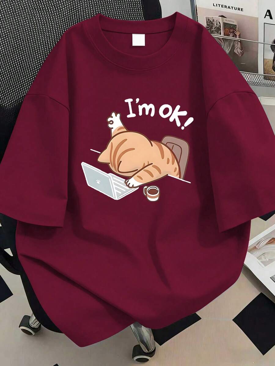 Plus Size "I'm Fine" Funny Fat Cat Print Short Sleeve Casual Loose T-Shirt, Suitable As Gift For Girlfriend, Friend, Or Valentine's Day, New Year Decoration Summer - Burgundy - View 1