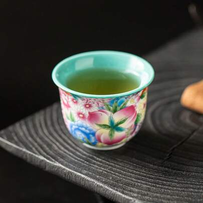 1/2/4/6pcs Ceramic Tea Cups, Popular Peach Blossom Floral Pattern, Arabic Style Red Tea Cups, Water Cups, Coffee Mugs, Suitable For Entertaining Guests And Friends Gatherings, Also Great For Family Tea Time