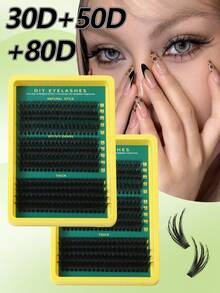 300/280/240/200片装 D型卷翘蓬松假睫毛，30D+50D+80D/20D/40D/80D可选，双侧适用，单簇DIY嫁接，浓密自然，防水可重复使用，适合新手，日常佩戴，派对、旅行、音乐节等场合。 - D - 查看 1