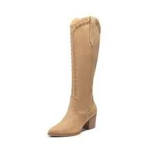 Women's Western Boots Pull On Zipper Chunky Heel Pointed Toe Outdoor Cowgirl Cowboy Knee High Boots - Màu be - Xem 4