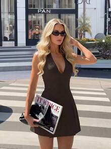 Damen einfarbiges gewebtes Neckholder-Bindeband Tief-V lässig Urlaubs Elegantes Büro Kleid Sommer - Braun - Übersicht 2