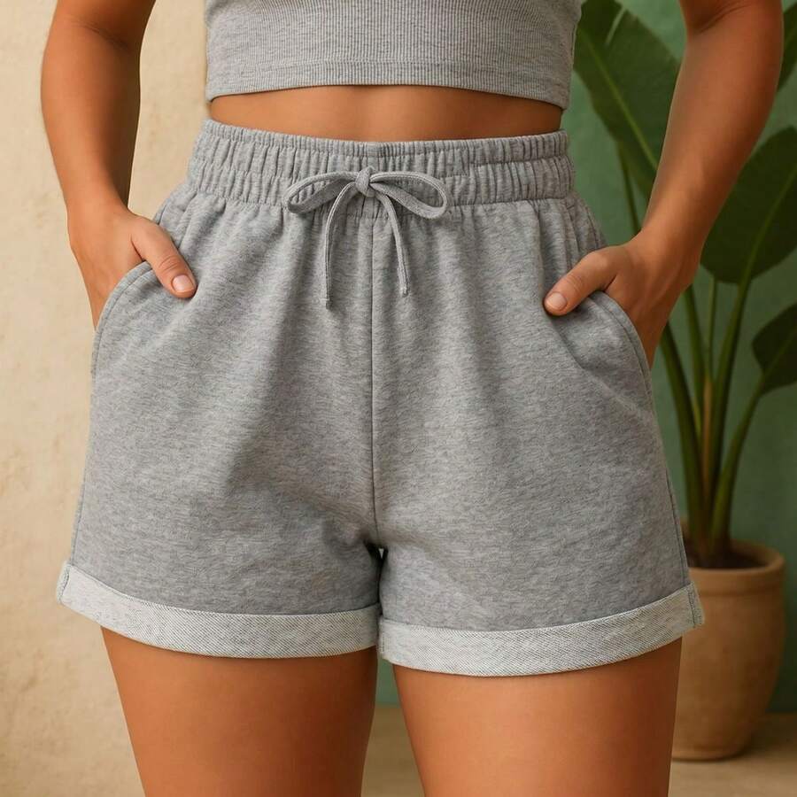 Women's Fleece Shorts, Basic Fleece Shorts With Pocket, High Waist, Women's Bermuda Shorts, Green, Black, White, Brown, Beige - 灰色 - 查看 1
