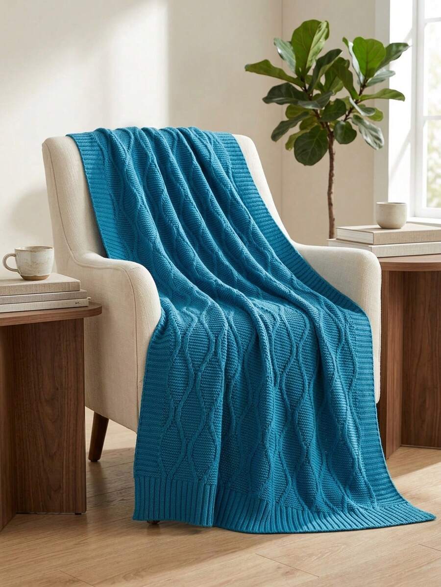 1pc Diamond Plaid Blanket, Minimalist Acrylic Knitted Throw Blanket For Sofa, Office Nap, Everyday Use - Large Diamond Blue - View 1