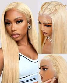 MEGALOOK #613 金色 13x4 蕾丝前额假发 直发 原生人发 透明蕾丝 预先拔毛 自然发际线 易于佩戴 新手友好 适合女性 度假 旅行 节日 Cosplay 校园 学校 婚礼 露营 假日 日常穿搭 时尚休闲风格 - S613 - 查看 5