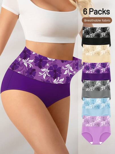 6 件大码女士高腰内裤，柔软透气印花设计三角内裤