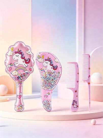 3/4pcs Cartoon Pattern Hairbrush Set - Cartoon Transparent Hairbrush, Cute Unicorn Children's Hairbrush, Anti-Knotting Hairbrush For Smooth Hair, Airbag Air Cushion Massage Hairbrush, Suitable For Gift-Giving And Daily Use