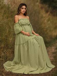 Green Maternity Off Shoulder Layered Short Sleeve Chiffon Dress With Ruffled Hem, Suitable For Special Occasions Like Lawn, Beach, Garden - Green - View 6