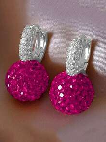 1 Pasang Anting Liontin Bola Merah Minimalis Elegan dengan Hiasan Berlian Imitasi untuk Wanita - Hot Pink - View 4