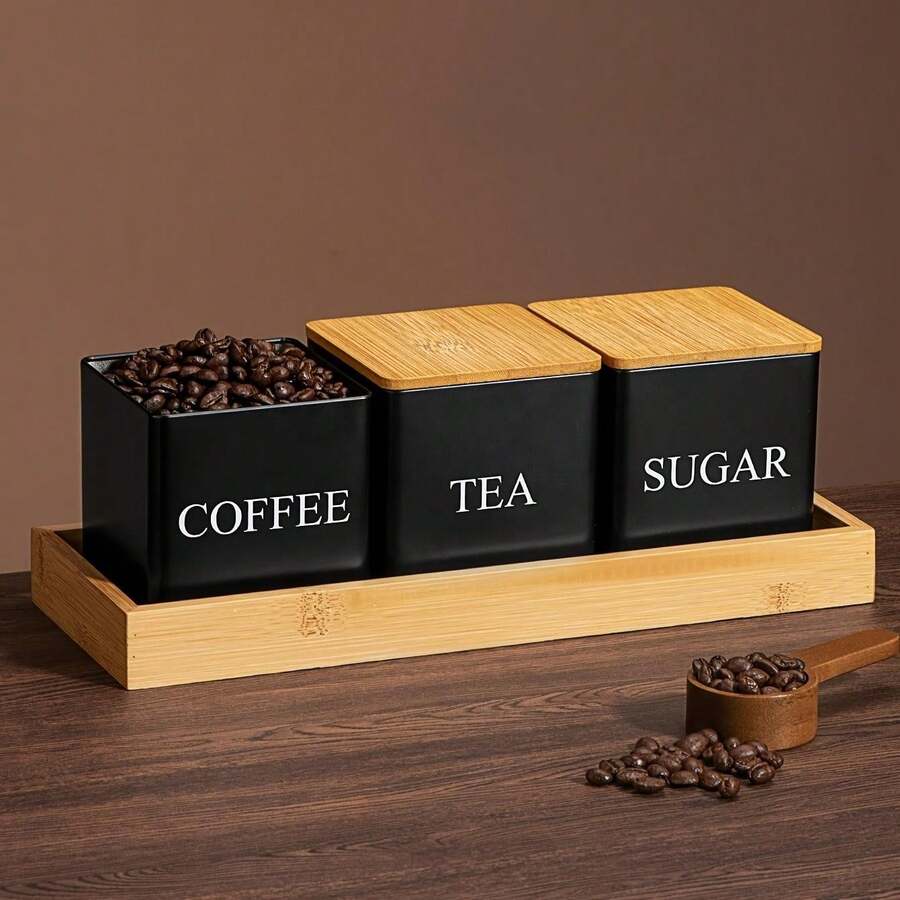 Bộ 3 hũ đựng đồ dùng nhà bếp chất lượng cao, kín hơi với nắp tre, dùng để đựng trà, cà phê, đường. - Bộ ba món đồ đựng đồ nhà bếp - Xem 1