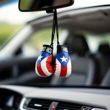 1pcsPU Leather Mini Boxing Glove Pendant, Puerto Rico Flag Design Car Interior Decoration, Suitable For Decorating Rearview Mirrors Of Trucks, SUVs - A - View 3