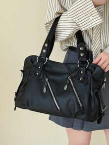 Retro Minimalist Large Capacity Fashion Student/Work Commute Tote Bag - Black - View 8