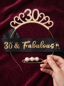 2 Peças Conjunto de Acessórios para o 30º Aniversário, Tiara de Cristal Dourada e Faixa Preta com Glitter e Alfinete de Pérola para Festa de 30 Anos Dela - Visão 2