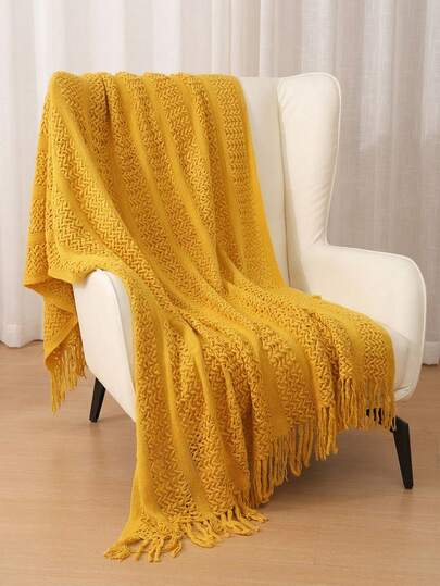 Chăn len dệt kim có tua rua ấm áp - Mềm mại & Nhẹ nhàng, thích hợp sử dụng trên ghế sofa, giường và khi đi du lịch - Phong cách trang trại màu kaki và kem