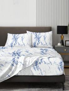 Bộ ga trải giường 4 món họa tiết đá cẩm thạch xanh cổ điển, chất liệu microfiber mềm mại dễ giặt ủi, bộ ga trải giường họa tiết hoa (1 ga trải giường + 1 váy giường + 2 vỏ gối), bộ váy giường, phù hợp với giường đơn, đôi, cỡ Queen, cỡ King, thiết kế váy giường có túi sâu, vỏ gối lên đến 11,8 inch, mềm mại và thoáng khí, chống nhăn, phong cách khách sạn sang trọng, phong cách nữ tính ngọt ngào, quà tặng cho bố mẹ, bạn bè. - Màu xanh lam - Xem 4