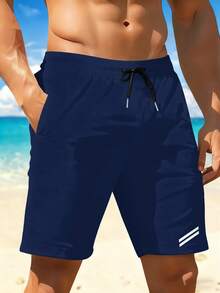 Quick-Dry Beach Shorts With Coastal Scenery Print, Lightweight Drawstring Beach Shorts, Casual, Slightly Stretchy, Perfect For Summer Vacations, Surfi - 海軍藍 - 查看 2