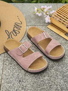 Sandalias de mujer talla grande 36-43 de verano con suela suave antideslizante, hebilla de metal ajustable y doble correa. Sandalias planas de punta descubierta con suela gruesa para uso casual, paseos, compras. Color rosa claro mate de piel sintética, elegantes y versátiles. - Escarchado rosa - Ver 6