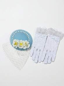 2 peças/Conjunto Chapéu Fascinator de Tule Azul com 3 Flores Pequenas para Meninas Adolescentes + Luvas de Renda Branca, Conjunto de 2 Peças Chapéu Fascinator de Tule, Acessórios de Fotografia de Vestido de Noiva, Acessórios de Cabelo para Decoração de Casamento, Acessórios de Cabine de Fotos de Festa, Acessórios de Casamento, Acessórios de Vestido de Noiva, Acessórios de Cabine de Fotos de Festa - Azul - Visão 12