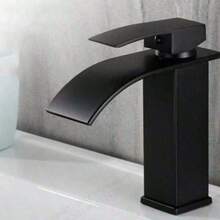 1 pieza Grifo de cascada de cobre negro nórdico, grifo de lavabo de baño de un solo orificio para lavabo de fregadero frío y caliente - Negro - Ver 5