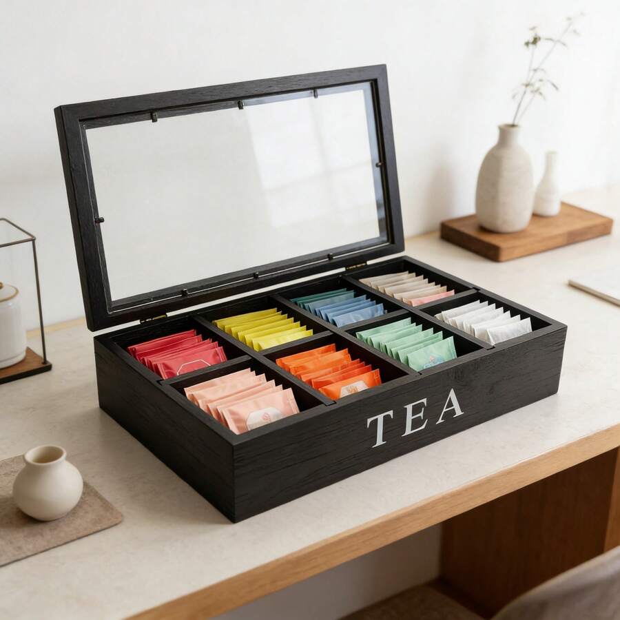 IDUK 1pc Wooden Tea Bag Storage Box With 8 Compartments, Tea Bag Storage Box, Tea Bag Organizer, Tea Bag Storage Container, Tea Bag Storage Station - Black - View 1
