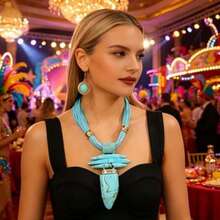 Handmade Exaggerated Multi-Layer Aluminum Wire, Synthetic Crystal, Wax Line, Resin Woven Bohemian, European And American, South Asian Style, Fashionable Retro, Glamorous Evening Party, Sea Blue, Korean Style Holiday Casual Necklace And Earrings - Blue - View 3