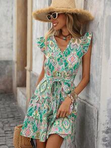 Vestido corto de verano con estampado de paisley, volantes y cinturón para la playa - Verde - Ver 6