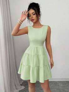 Vestido de verano sencillo de unicolor y de moda para mujeres - Verde - Ver 3