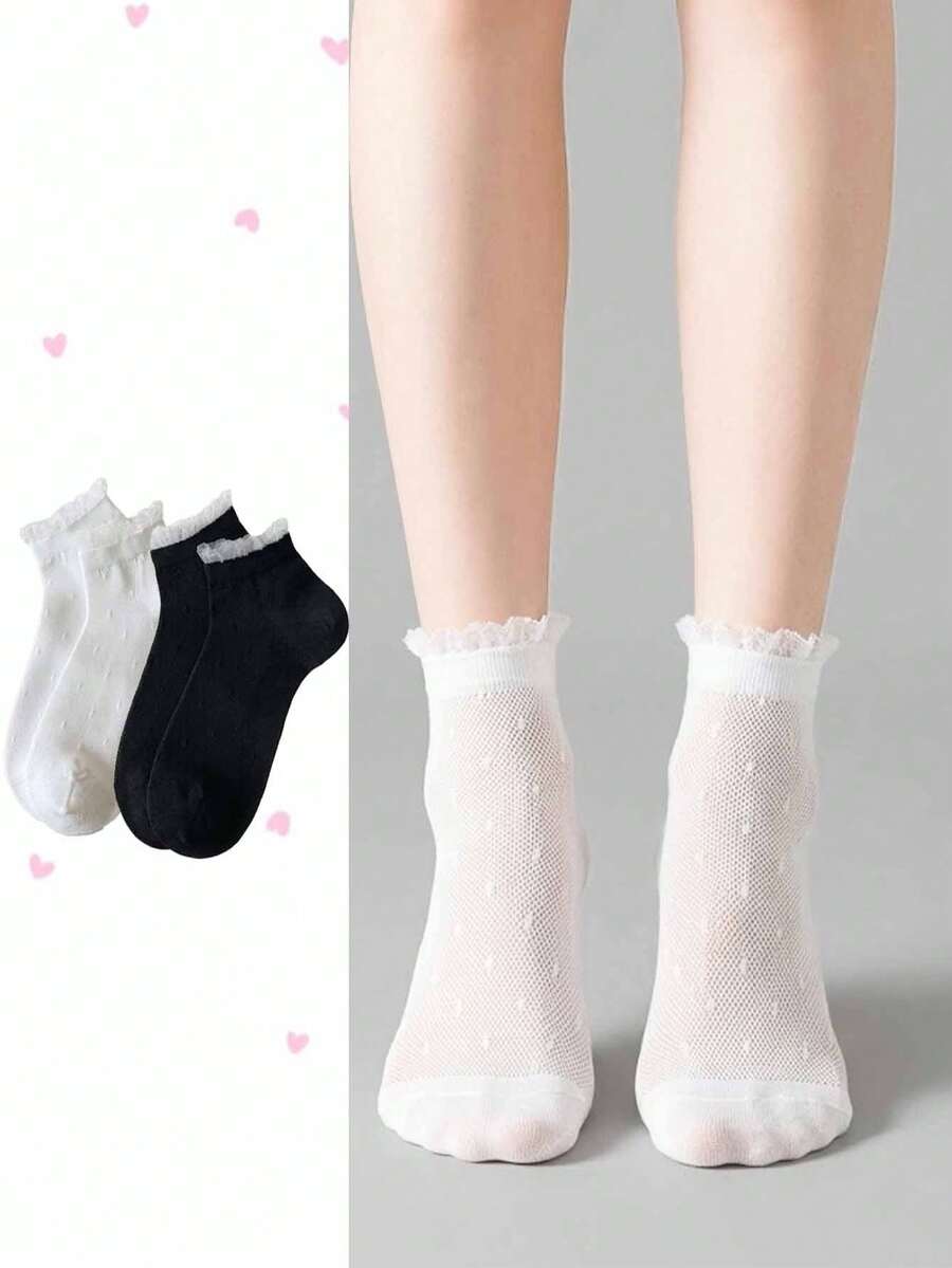2/5雙女款夏季蕾絲飾邊網眼短襪,黑白配色,可愛甜美時尚舒適柔軟休閒百搭 - 彩色 - 查看 1