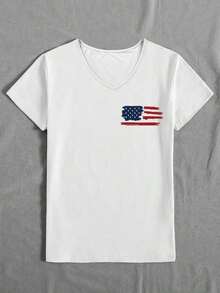 Women's Casual Summer T-Shirt, Cotton, Short Sleeve, With Letter And American Flag Print, V-Neck, Suitable For Casual Daily Wear - 白色 - 查看 3