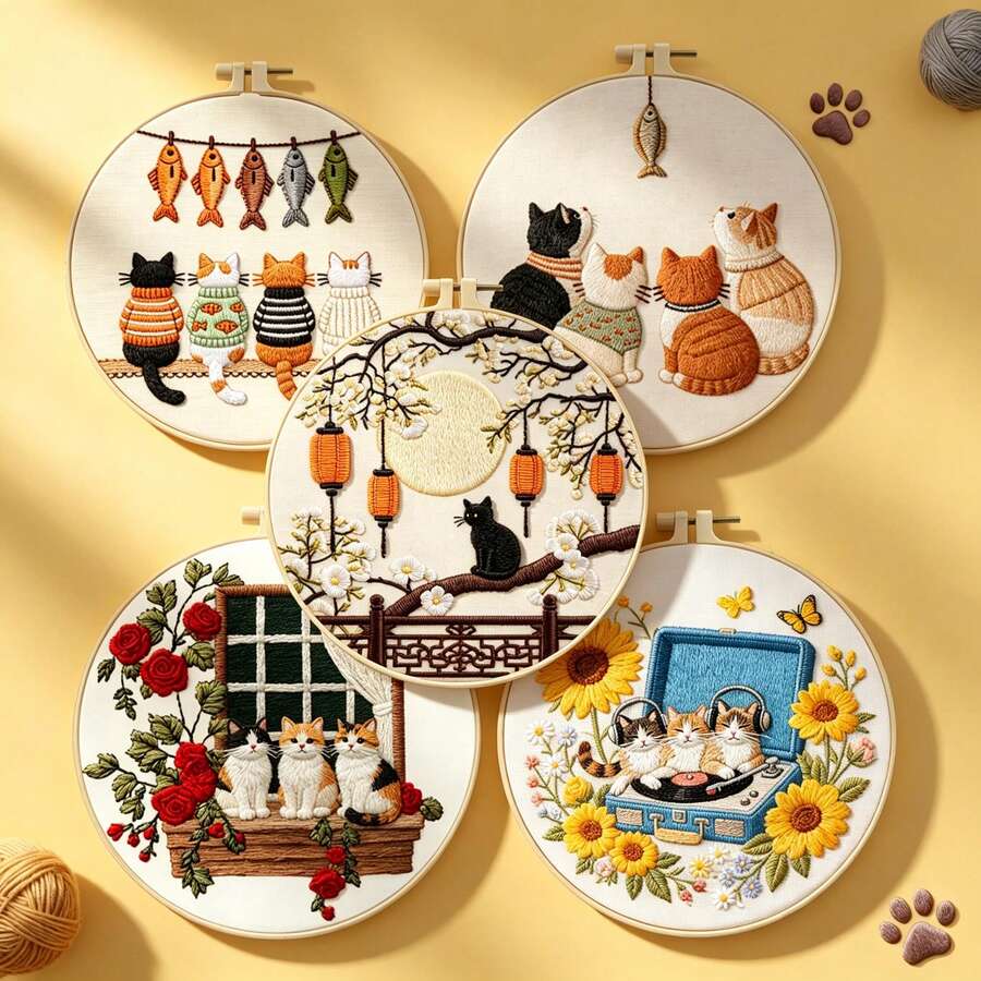 Healing Daily Life Of Cats" Handmade DIY Embroidery Kit, 5 Styles Available, Healing Decor For Living Room & Bedroom, Includes Full Set Of Materials And Instructions