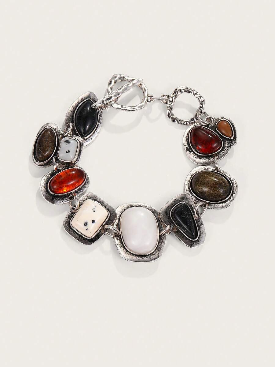 1Pc New ZA Bohemian  Vintage Bracelets Women Fashion Golden Metal Hollow Link Charm Resin  Statement Bracelets ﻿(Random Resin Color) - Antique Silver - View 1