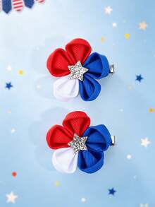 2pcs/Set 4th Of July Patriotic Style Girls Red White Blue Glitter Hair Clips, Independence Day Bow, Alligator Clips, Floral, Star Pattern Hair Accessories, Holiday Party Decorations For Teens - Multicolor - View 3