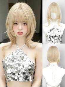 14 Inch Short Synthetic Bob Wig With Bangs, Inward Curled Face-Framing Style, Rose Net Cap, Headband Included, Natural Looking Cosplay Wig Suitable For Daily Wear, Also Makes A Great Gift For Women - Multicolor - View 11