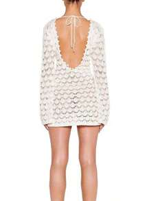 Vestido de Cubierta de Punto para Mujer Ajustado con Escote en V Profundo, Mangas Largas, Espalda Abierta y Lazos, Vestido de Traje de Baño para Playa o Fiesta en la Piscina - Blanco - Ver 6