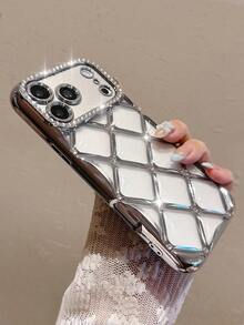 Luxury Rhinestone Inlaid Diamond Pattern Silver Plated Soft Phone Case Compatible With IPhone 17 Pro Max/17 Pro/17/16 Pro Max/16/16 Pro/15/15 Pro Max/15 Pro/13/14 Pro Max/13 Pro/13 Pro Max/14 Pro/14 Pro Max, Electroplated Craftsmanship - Silver - High-grade Plating - View 6