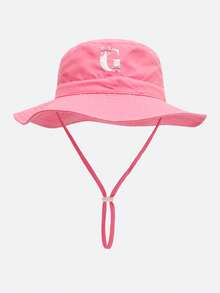 1 PC com estampas de iniciais A-Z para 3 meses-8 anos, chapéu de balde para criança com aba larga e tira de queixo ajustável – ideal para praia, parque & atividades ao ar livre - rosa escuro - Ver 50
