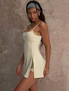 PinkTip Vestido de yoga convertible con pantalones cortos de compresión incorporados, soporte de espalda cruzado, protección solar UPF50+, tela elástica de 4 direcciones que absorbe la humedad, adecuado para gimnasio y actividades al aire libre en verano - Albaricoque 2 - Ver 5