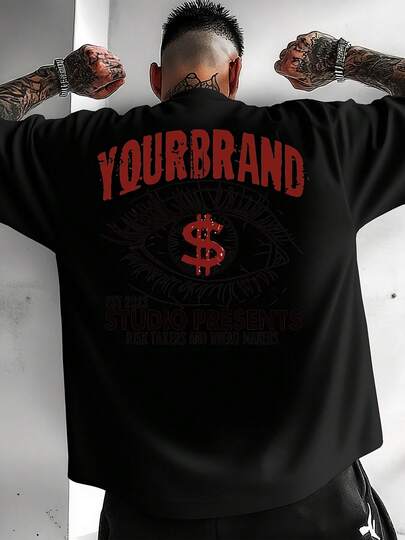 Design A Red Dollar Sign Centered On A Dark Mountain Silhouette Against A Deep Red Background. Audie Same Style For Men And Women 2026 Summer Short-Sleeved Printed T-Shirt  180G