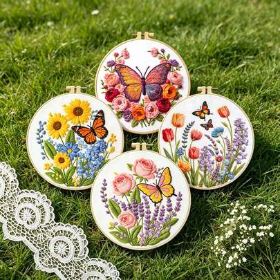 1 Set Handmade Embroidery Kit, Healing Gradient Butterfly & Flower Theme Embroidery, Bedroom Desk Photography Prop, Handcraft DIY, Includes Embroidery Hoop, Tools & Instructions