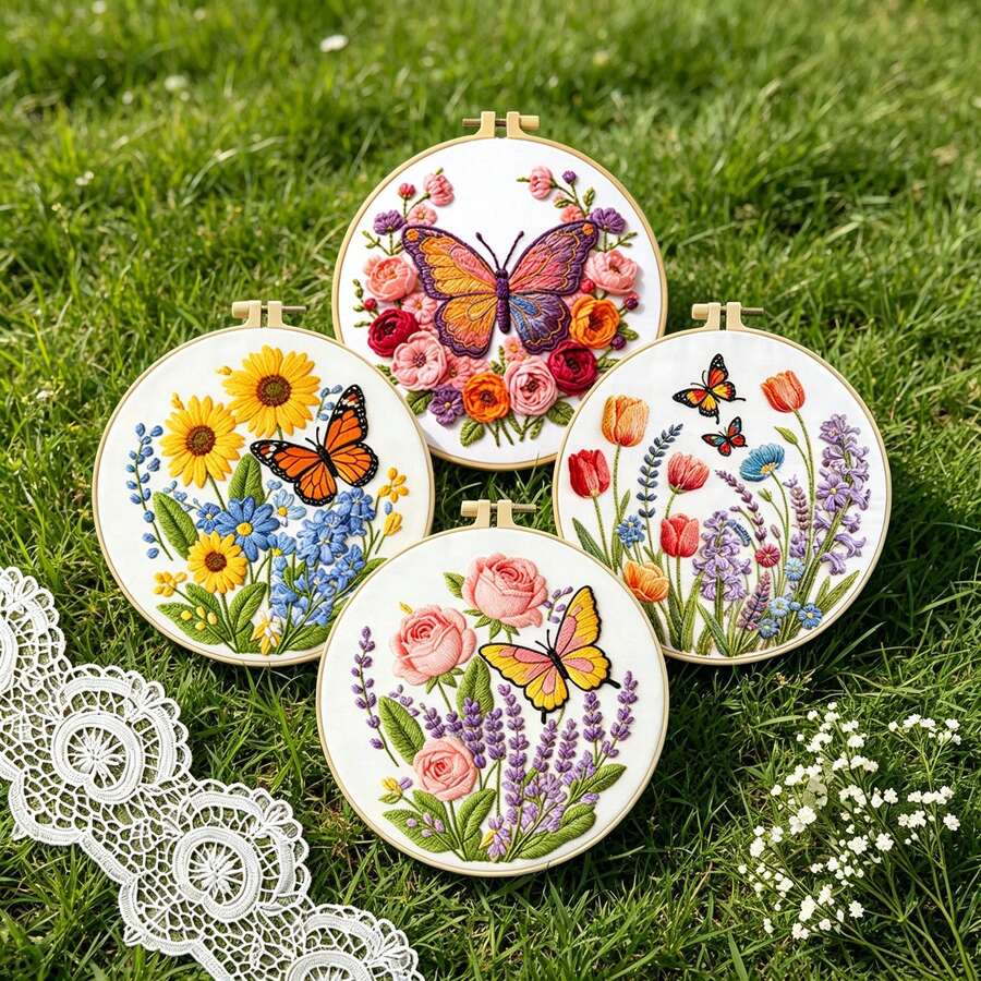 1 Set Handmade Embroidery Kit, Healing Gradient Butterfly & Flower Theme Embroidery, Bedroom Desk Photography Prop, Handcraft DIY, Includes Embroidery Hoop, Tools & Instructions