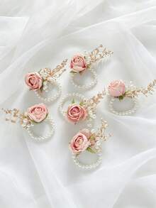 1pc/6pcs Elegant Rose Flower With Golden Leaves And Pearl Decor Wrist Corsage, Suitable For Bride, Groom, Bridesmaids, Weddings, Parties, Travels, Celebrations - Pink - View 9