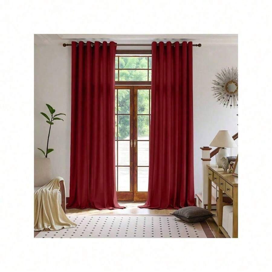 Plain Velvet Curtain With 8 Buttons (1 Piece), Soft And High Quality Fabric, Enhances The Style Of Your Home, Perfect To Complement Any Modern Decor Style. - Bordeaux - View 1