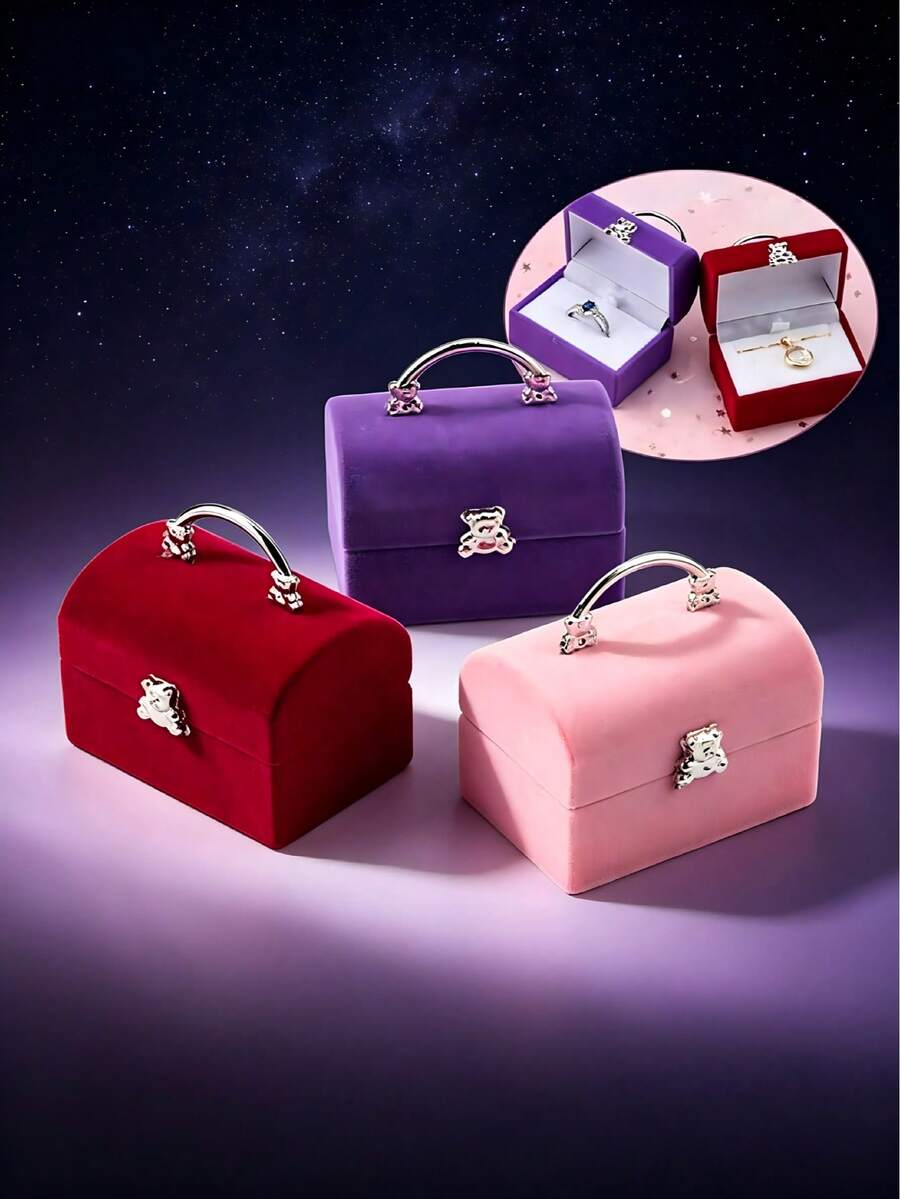 QIAO Caja de joyería con diseño de oso estético - Estuche de terciopelo con estilo de maleta en miniatura para guardar anillos, aretes, collares, regalo ideal para cumpleaños y ocasiones especiales - Joyero - Ver 1